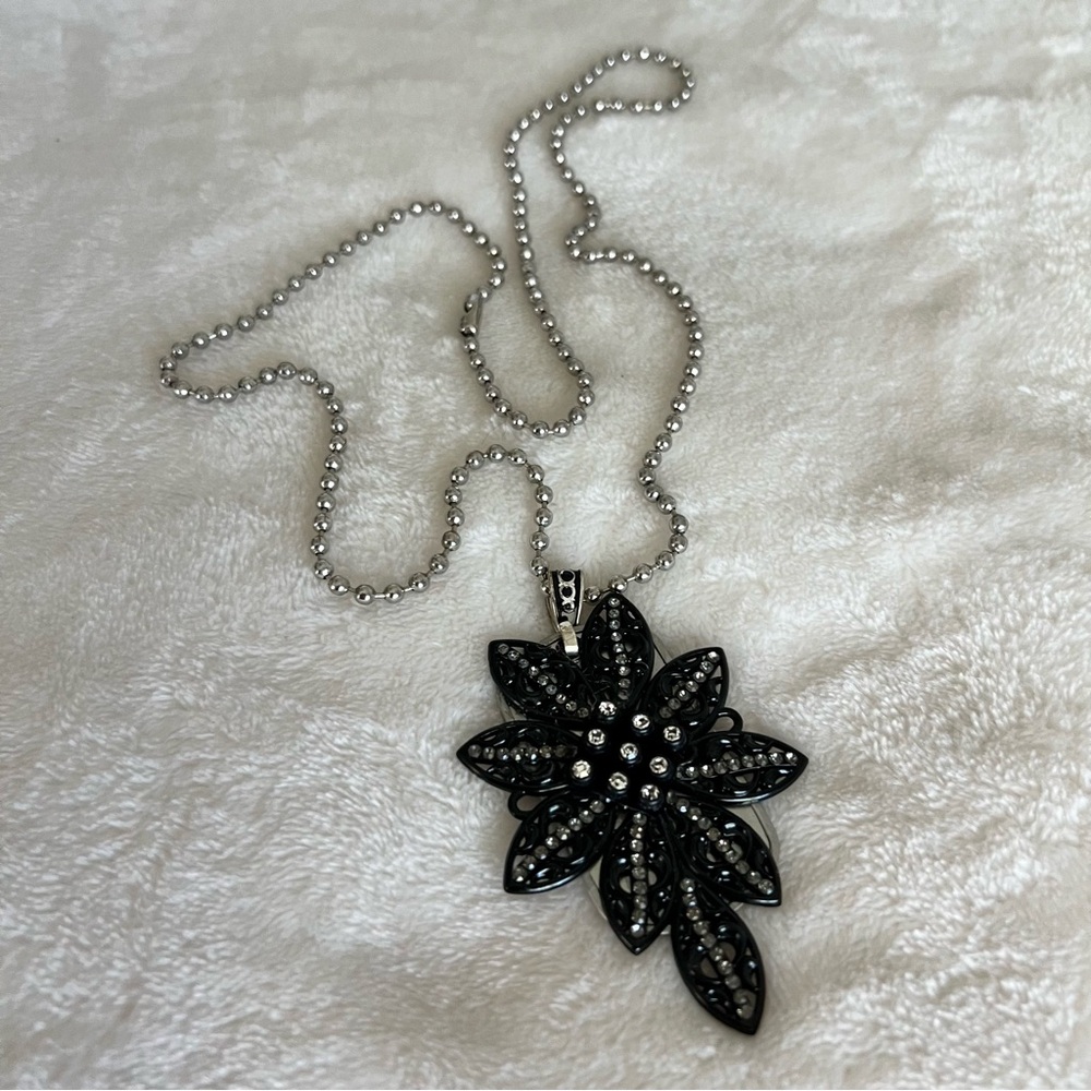 Vintage Glammy Tags USA Handmade Dog Tag Pendant Necklace W/ Rhinestone Flower